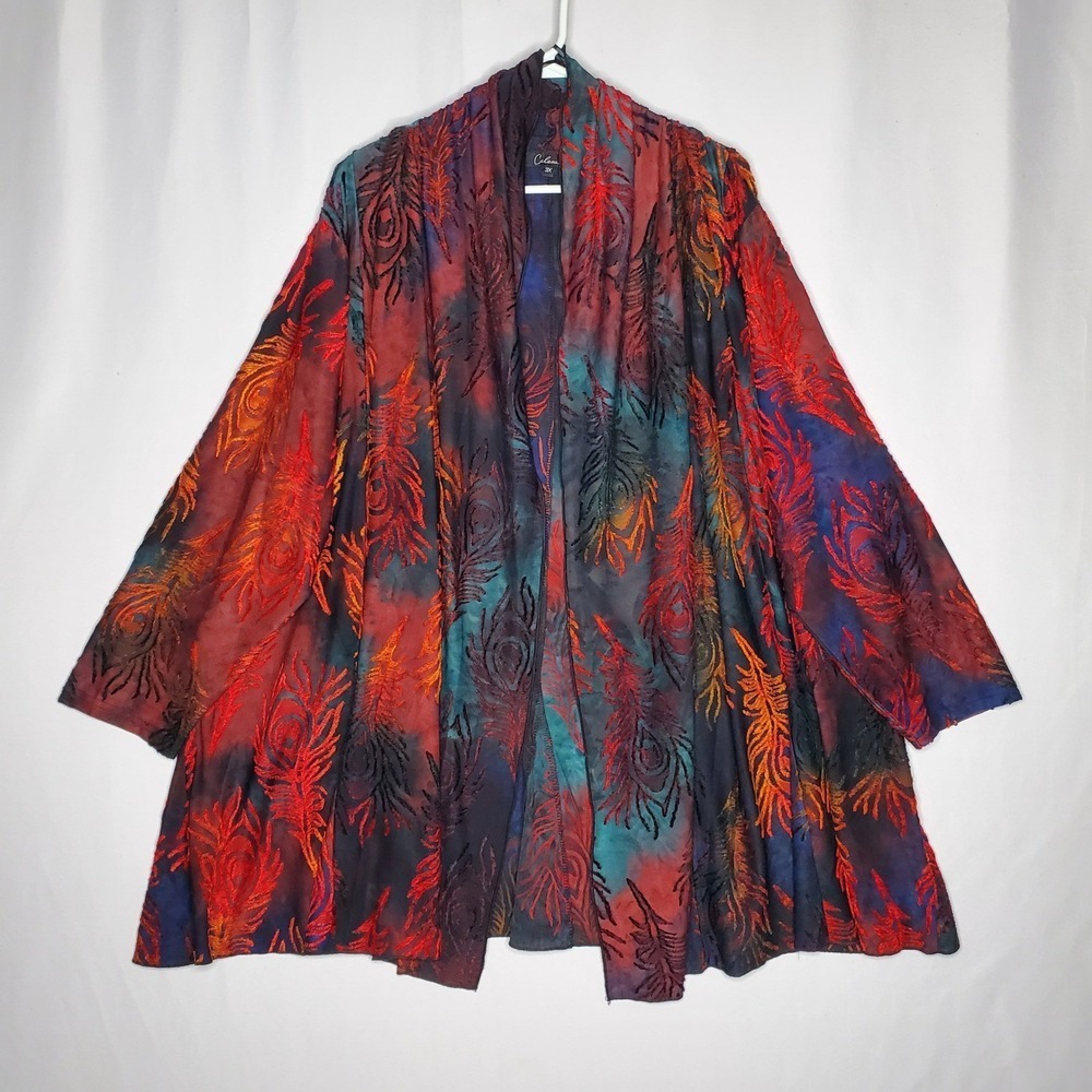 Caleoas Open Cardigan Jacket 3X Peacock Flocked‎ Red Teal Blue Open Front